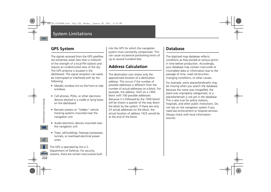 2 gps system p. 232, System limitations, Gps system | Address calculation, Database | Acura 2013 RDX Navigation User Manual | Page 233 / 260