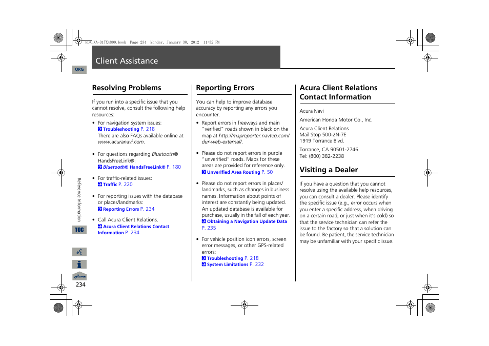 Client assistance, Resolving problems, Reporting errors | Acura client relations contact info, Visiting a dealer, Acura client relations contact information | Acura 2013 RDX Navigation User Manual | Page 235 / 260