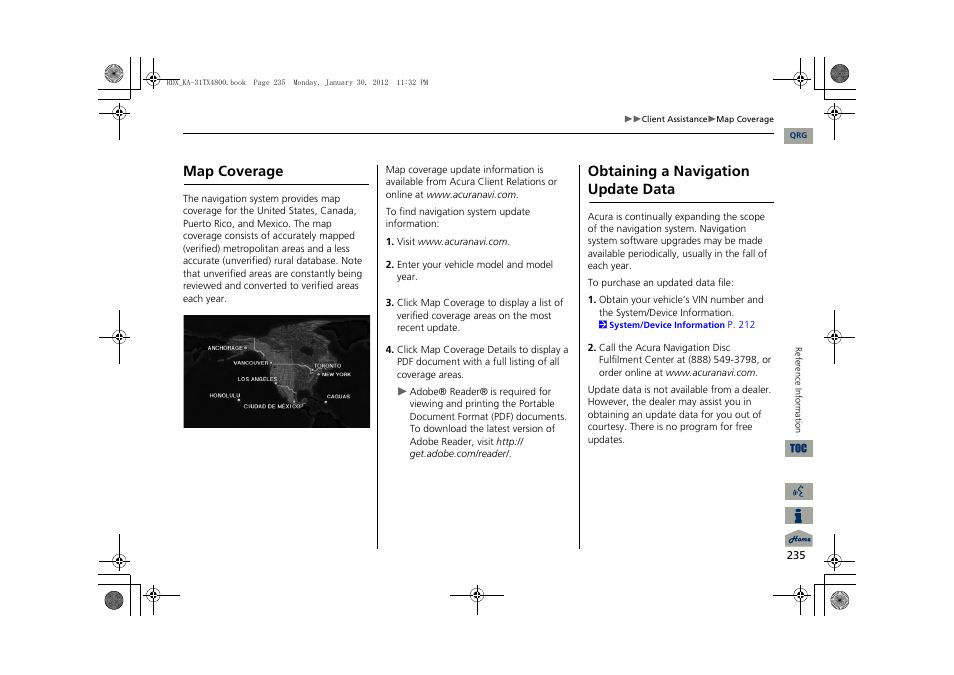 2 map coverage p. 235, Map coverage, Obtaining a navigation update data | 2 obtaining a navigation update data, P. 235 | Acura 2013 RDX Navigation User Manual | Page 236 / 260