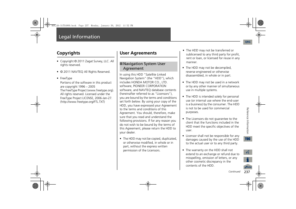 Legal information, Copyrights, User agreements | Acura 2013 RDX Navigation User Manual | Page 238 / 260