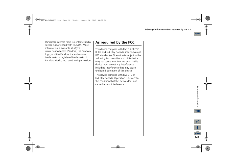 As required by the fcc | Acura 2013 RDX Navigation User Manual | Page 242 / 260