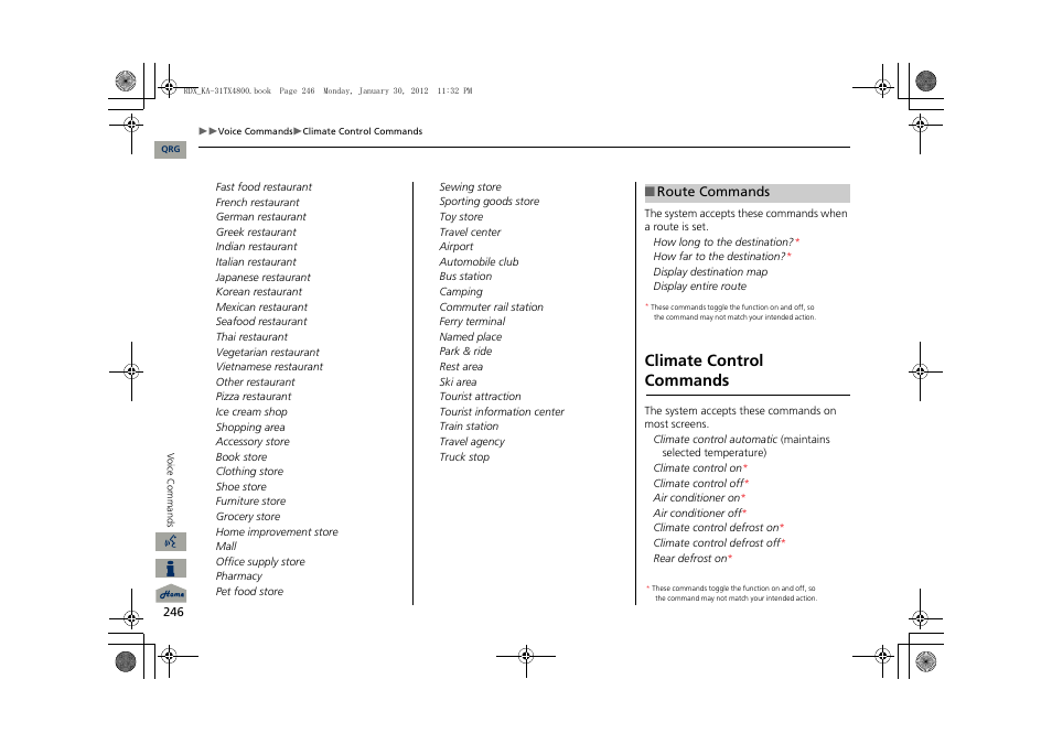 2 route commands p. 246, Climate control commands | Acura 2013 RDX Navigation User Manual | Page 247 / 260