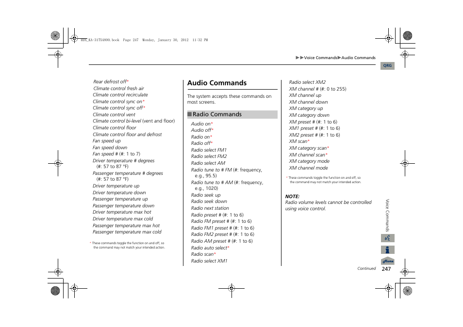 2 audio commands p. 247, 2 radio commands p. 247, Audio commands | Acura 2013 RDX Navigation User Manual | Page 248 / 260