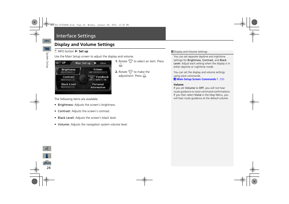 Interface, Settings, Interface settings | Display and volume settings | Acura 2013 RDX Navigation User Manual | Page 25 / 260