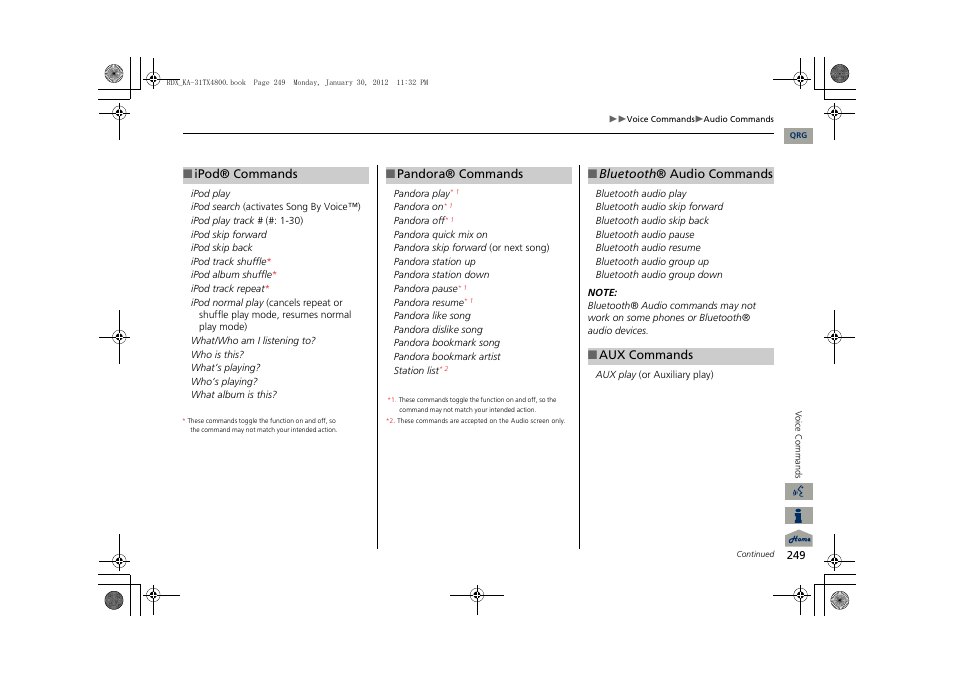 2 ipod® commands p. 249, 2 pandora® commands p. 249, 2 bluetooth ® audio commands p. 249 | Acura 2013 RDX Navigation User Manual | Page 250 / 260