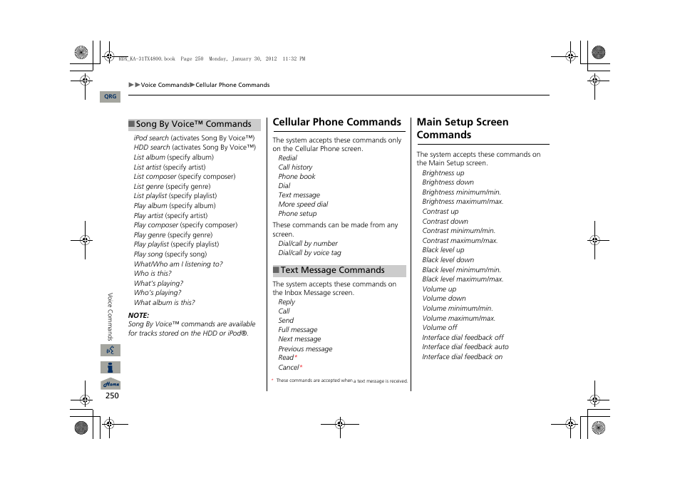 2 song by voice™ commands p. 250, 2 text message commands p. 250, Cellular phone commands | Main setup screen commands | Acura 2013 RDX Navigation User Manual | Page 251 / 260