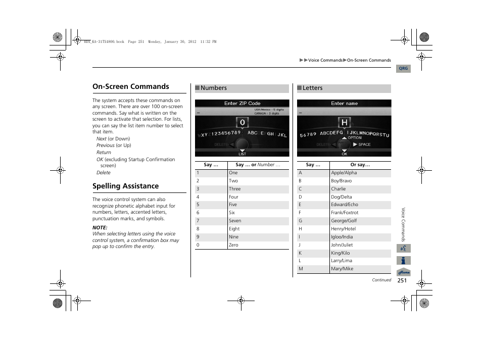 On-screen commands, Spelling assistance | Acura 2013 RDX Navigation User Manual | Page 252 / 260