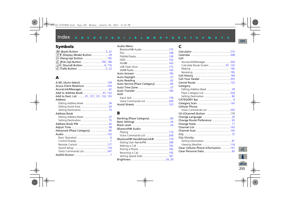 P.255, Index, Symbols | Acura 2013 RDX Navigation User Manual | Page 256 / 260