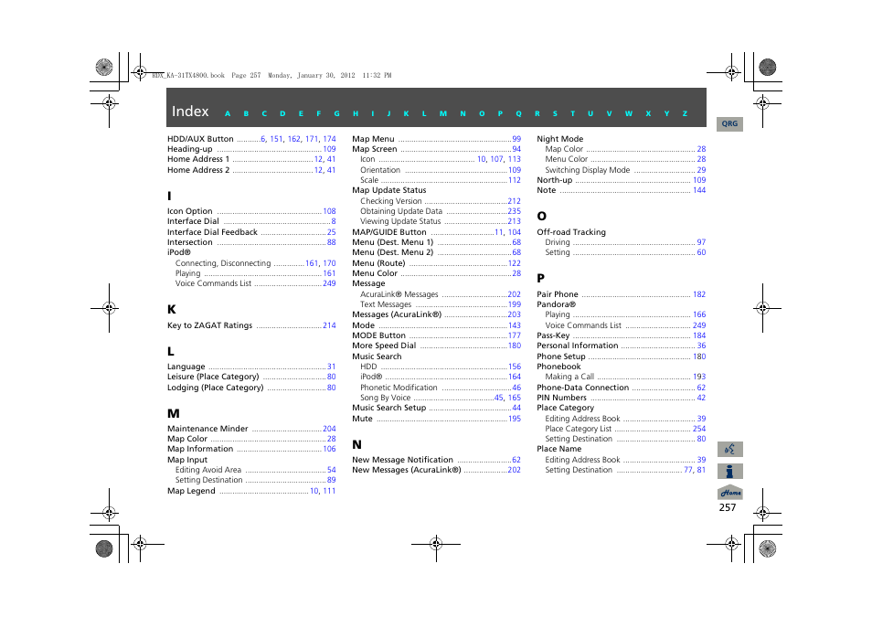 Index | Acura 2013 RDX Navigation User Manual | Page 258 / 260