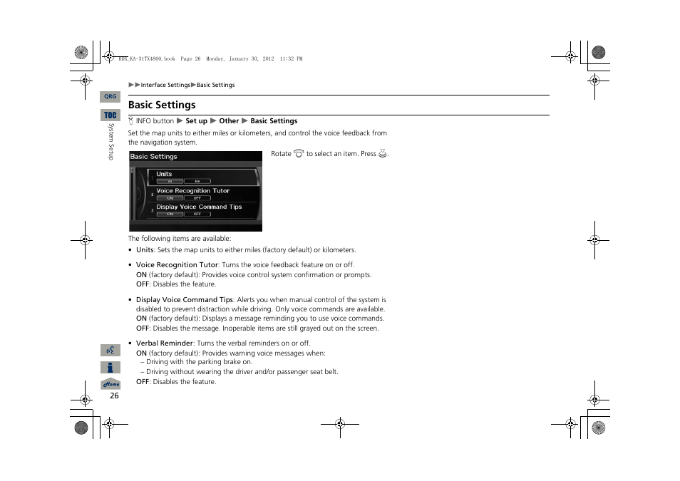 2 basic settings, P. 26, Basic settings | Acura 2013 RDX Navigation User Manual | Page 27 / 260