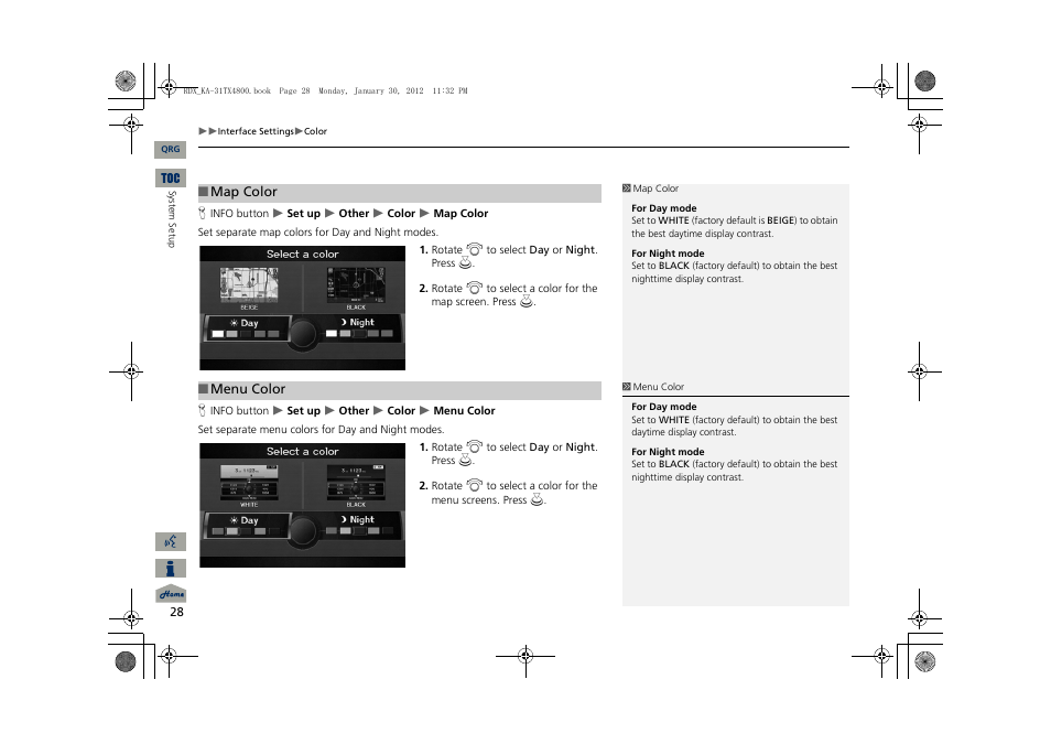 2 map color, P. 28, 2 menu color | Acura 2013 RDX Navigation User Manual | Page 29 / 260