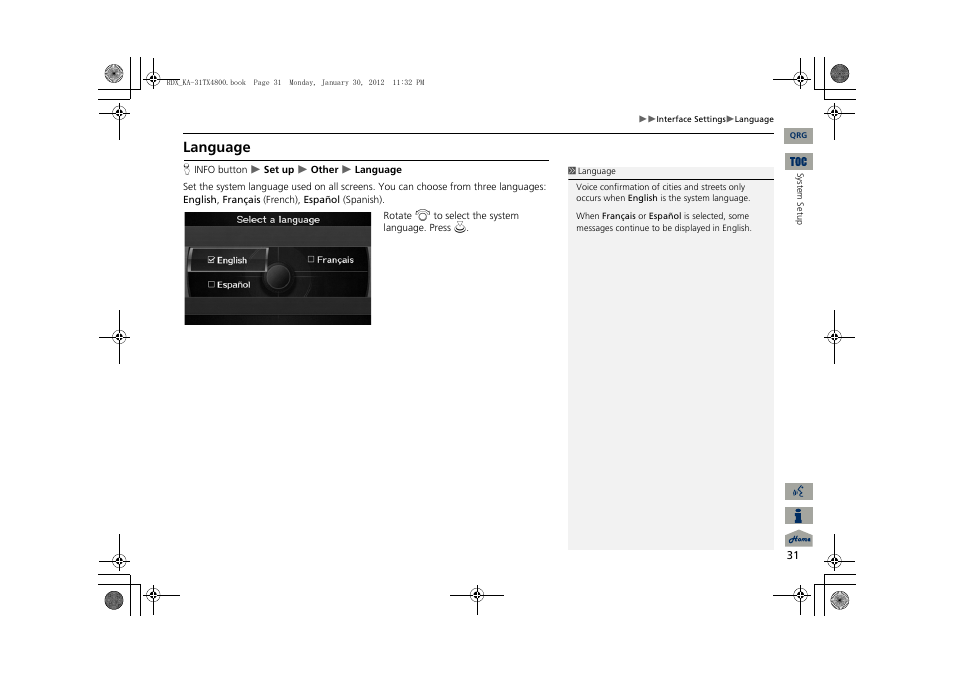 2 language p. 31, Language | Acura 2013 RDX Navigation User Manual | Page 32 / 260