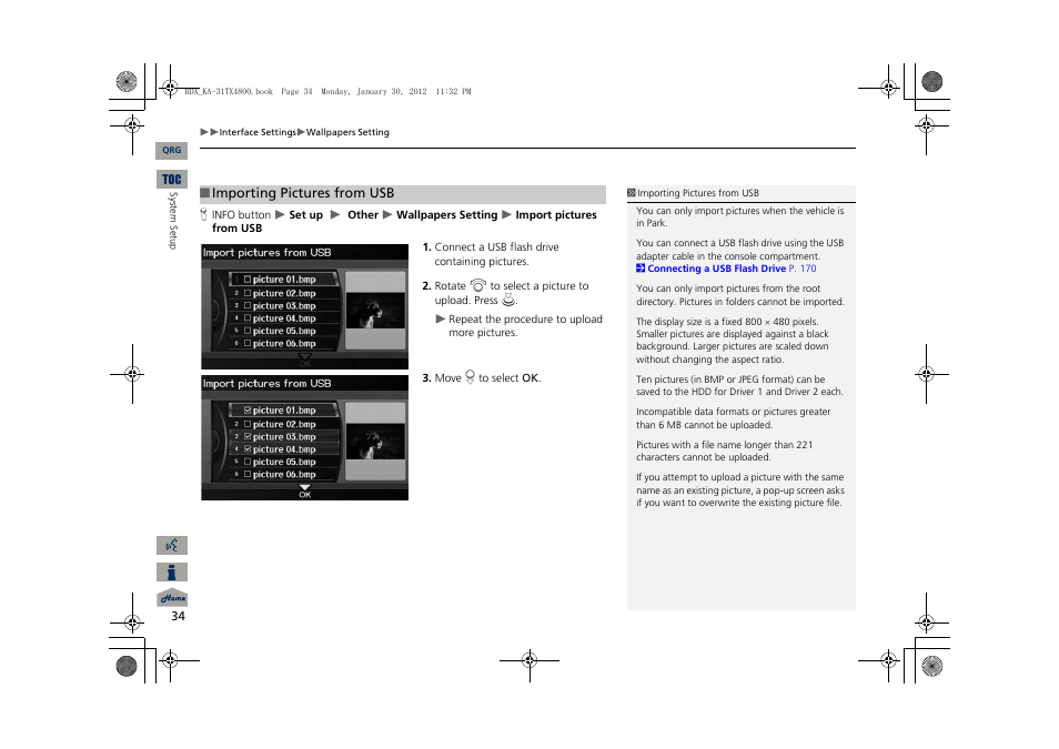 2 importing pictures from usb, P. 34 | Acura 2013 RDX Navigation User Manual | Page 35 / 260