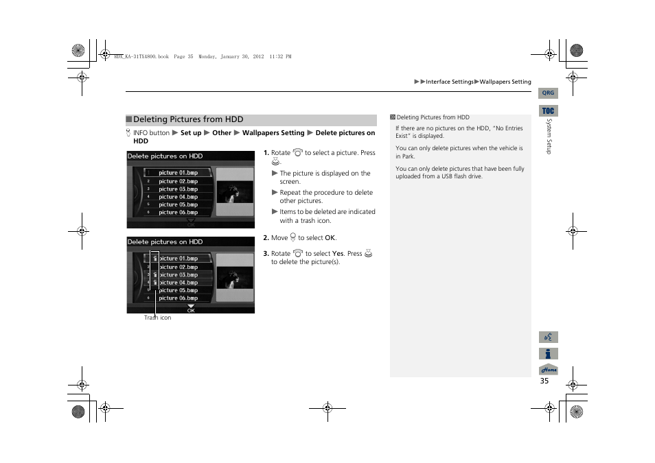 2 deleting pictures from hdd, P. 35 | Acura 2013 RDX Navigation User Manual | Page 36 / 260