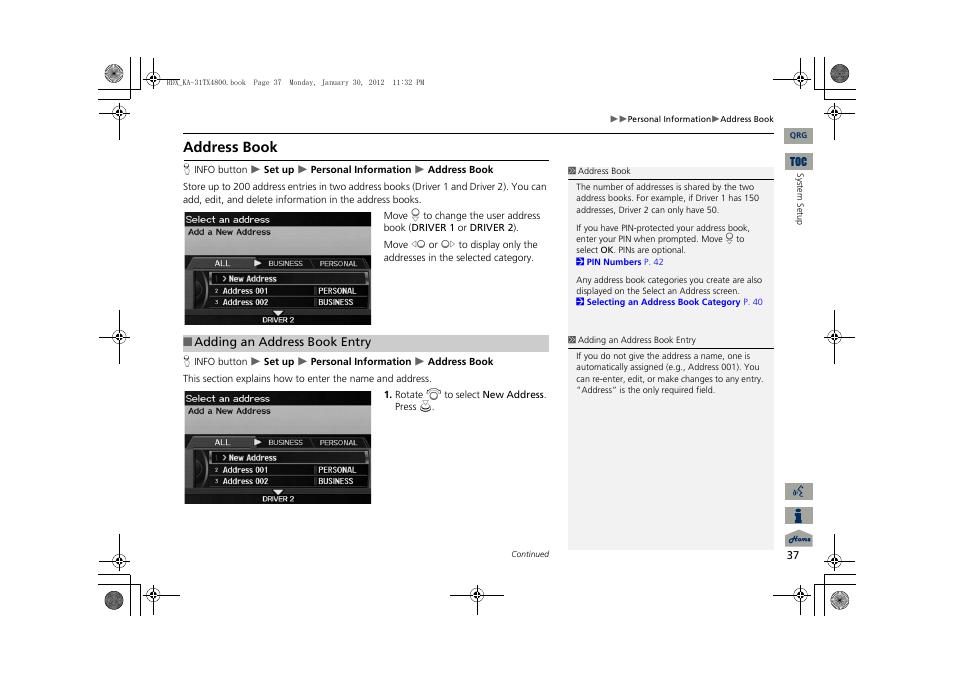 P37), 2 address book, P. 37 | Address book | Acura 2013 RDX Navigation User Manual | Page 38 / 260