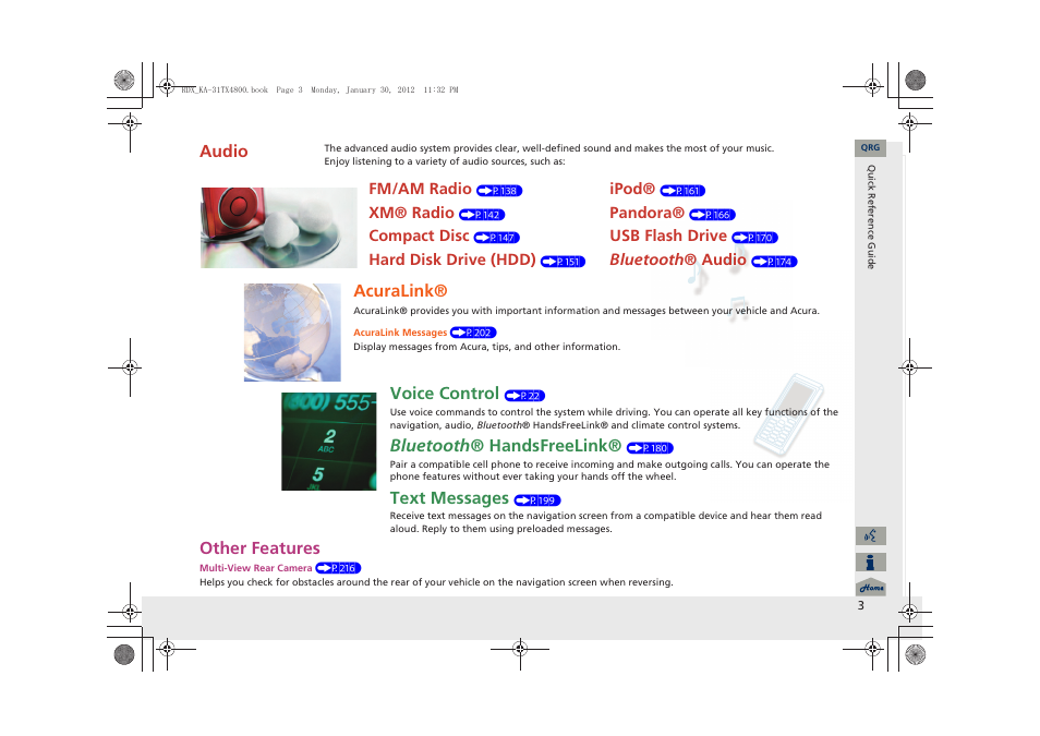 Other features, Audio, Acuralink | Voice control, Bluetooth ® handsfreelink, Text messages | Acura 2013 RDX Navigation User Manual | Page 4 / 260