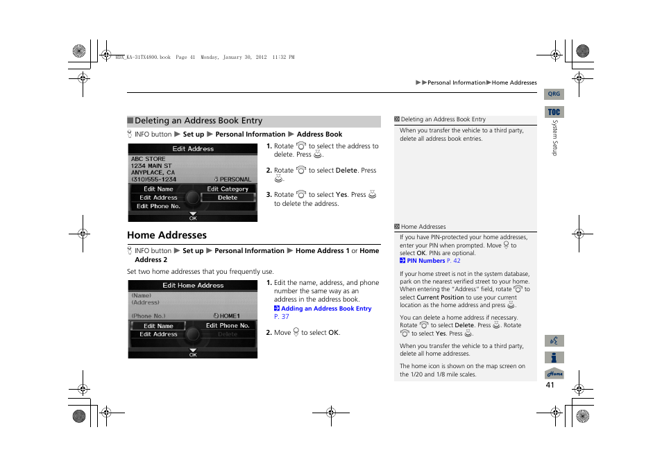 P41), 2 home addresses, P. 41 | Home addresses | Acura 2013 RDX Navigation User Manual | Page 42 / 260