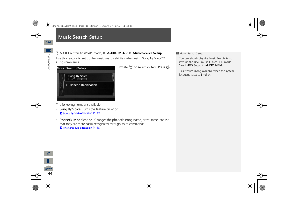 Music search setup | Acura 2013 RDX Navigation User Manual | Page 45 / 260