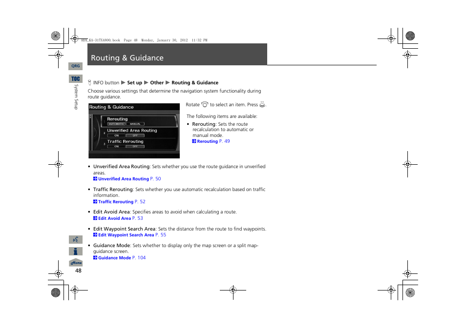 Routing, Guidanc, Routing & guidance | Acura 2013 RDX Navigation User Manual | Page 49 / 260