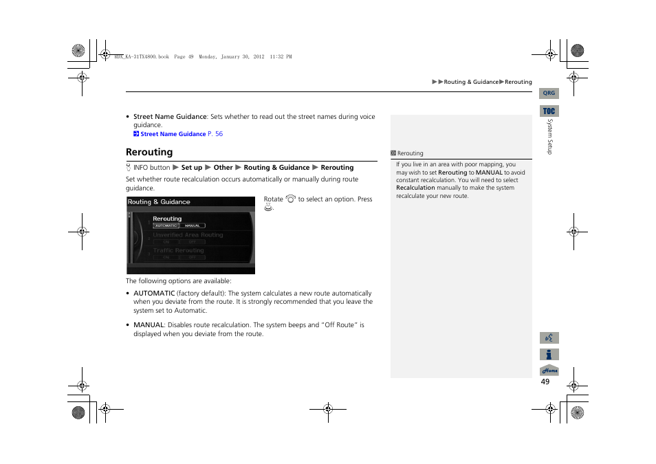 2 rerouting, P. 49, Rerouting | Acura 2013 RDX Navigation User Manual | Page 50 / 260