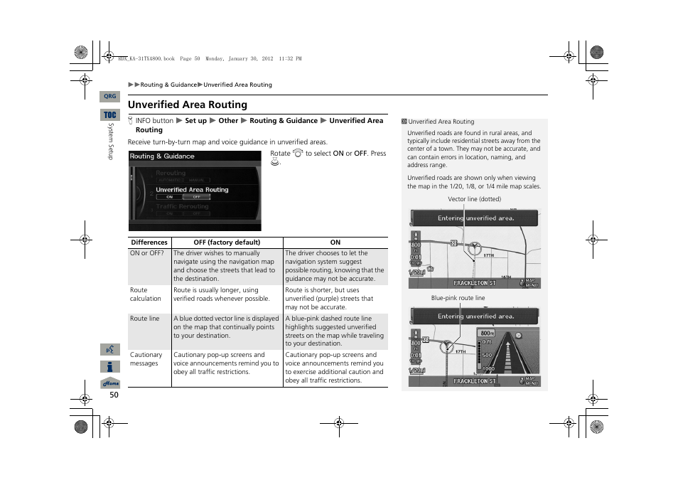 2 unverified area routing, P. 50, Unverified area routing | Acura 2013 RDX Navigation User Manual | Page 51 / 260
