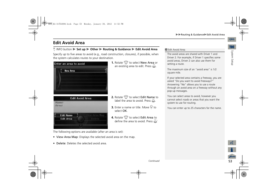2 edit avoid area, P. 53, Edit avoid area | Acura 2013 RDX Navigation User Manual | Page 54 / 260