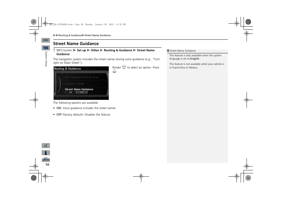 Street name guidance | Acura 2013 RDX Navigation User Manual | Page 57 / 260