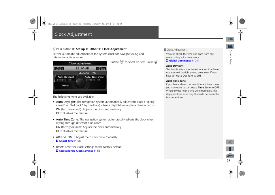 Tment, Clock adjustment | Acura 2013 RDX Navigation User Manual | Page 58 / 260