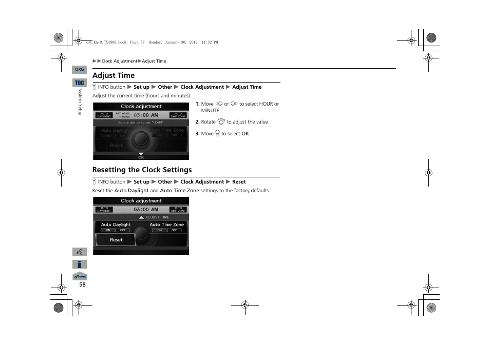 2 adjust time, P. 58, 2 resetting the clock settings | Adjust time, Resetting the clock settings | Acura 2013 RDX Navigation User Manual | Page 59 / 260