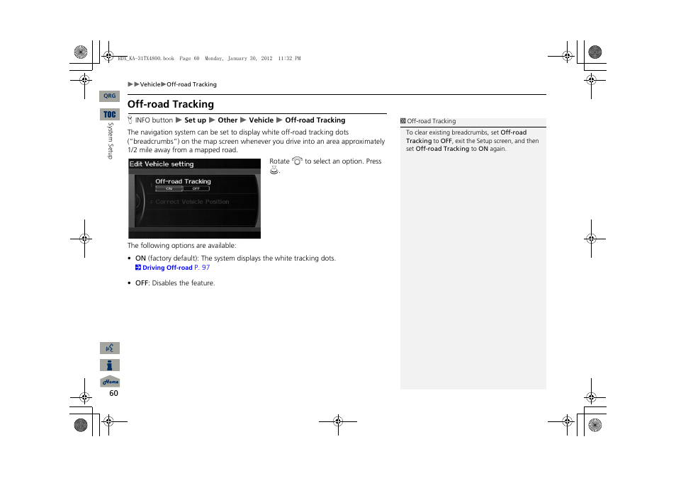 2 off-road tracking, P. 60, Off-road tracking | Acura 2013 RDX Navigation User Manual | Page 61 / 260