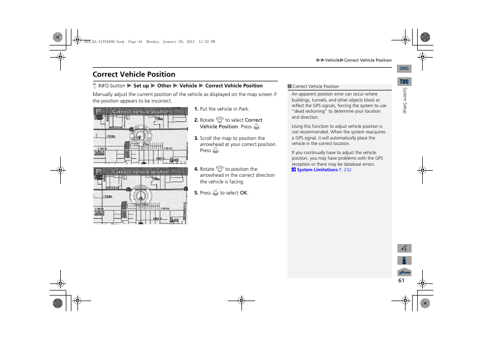 2 correct vehicle position, P. 61, Correct vehicle position | Acura 2013 RDX Navigation User Manual | Page 62 / 260