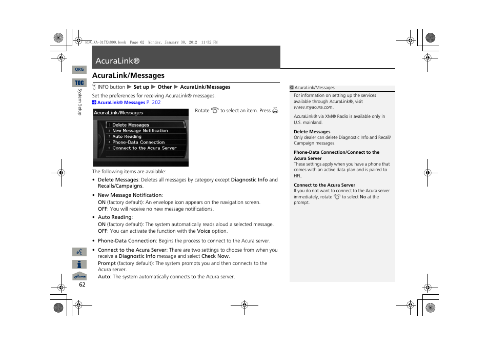 Acuralink, Acuralink/messages | Acura 2013 RDX Navigation User Manual | Page 63 / 260