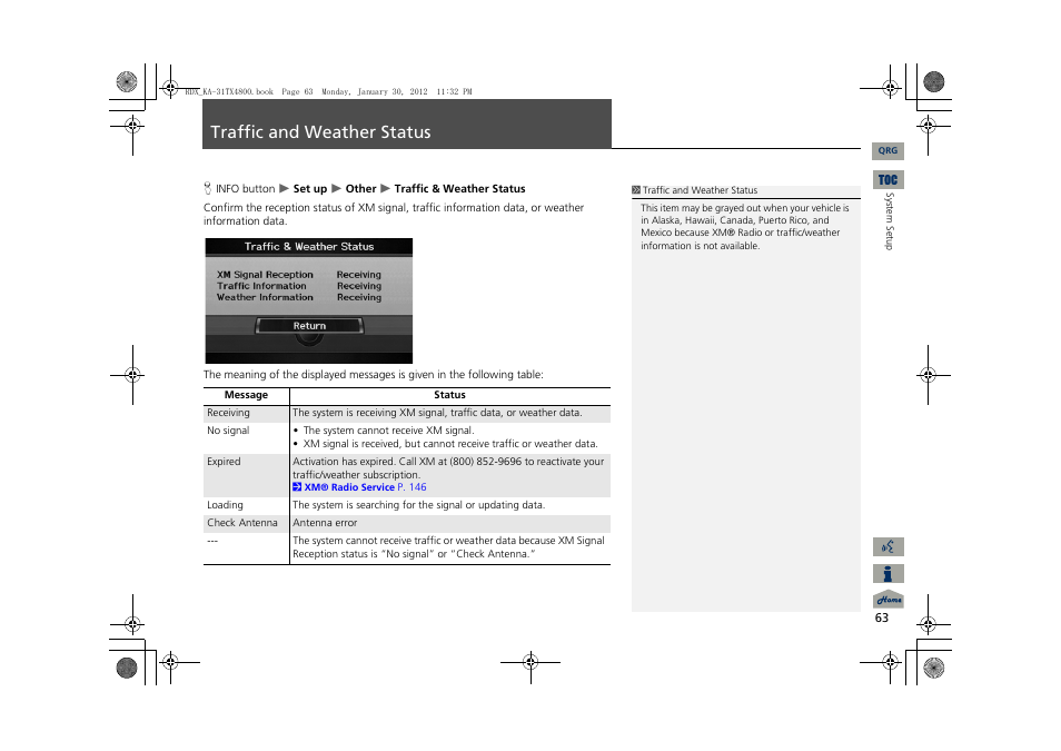 Status, Traffic and weather status | Acura 2013 RDX Navigation User Manual | Page 64 / 260