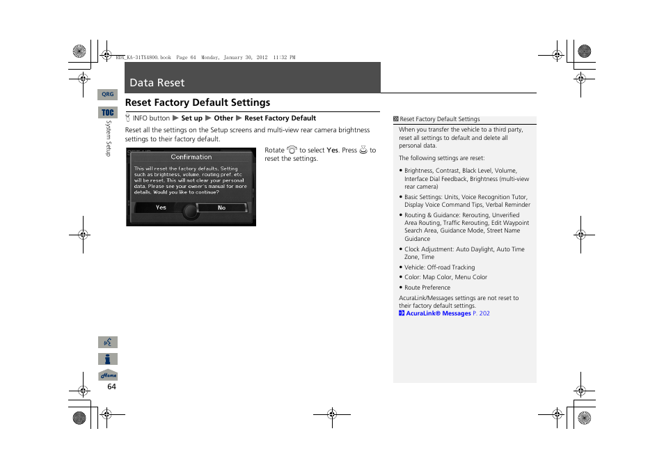 Data, Reset, Data reset | Reset factory default settings | Acura 2013 RDX Navigation User Manual | Page 65 / 260
