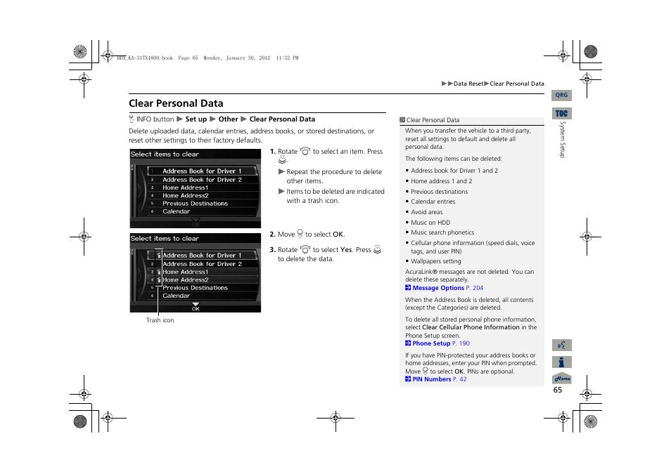 Clear personal data | Acura 2013 RDX Navigation User Manual | Page 66 / 260