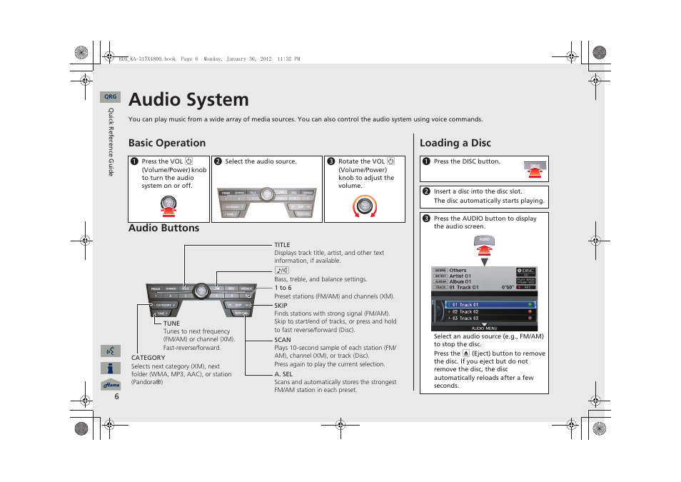 Sc slot, Audio system, Basic operation audio buttons | Loading a disc | Acura 2013 RDX Navigation User Manual | Page 7 / 260