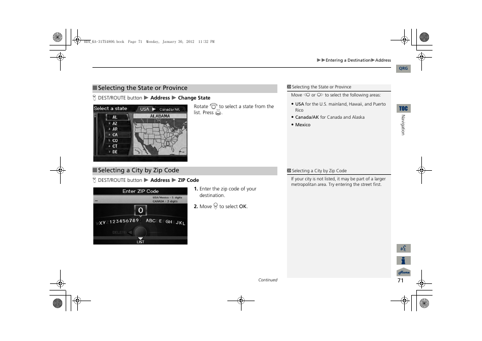 2 selecting the state or province, P. 71, 2 selecting a city by zip code | Acura 2013 RDX Navigation User Manual | Page 72 / 260