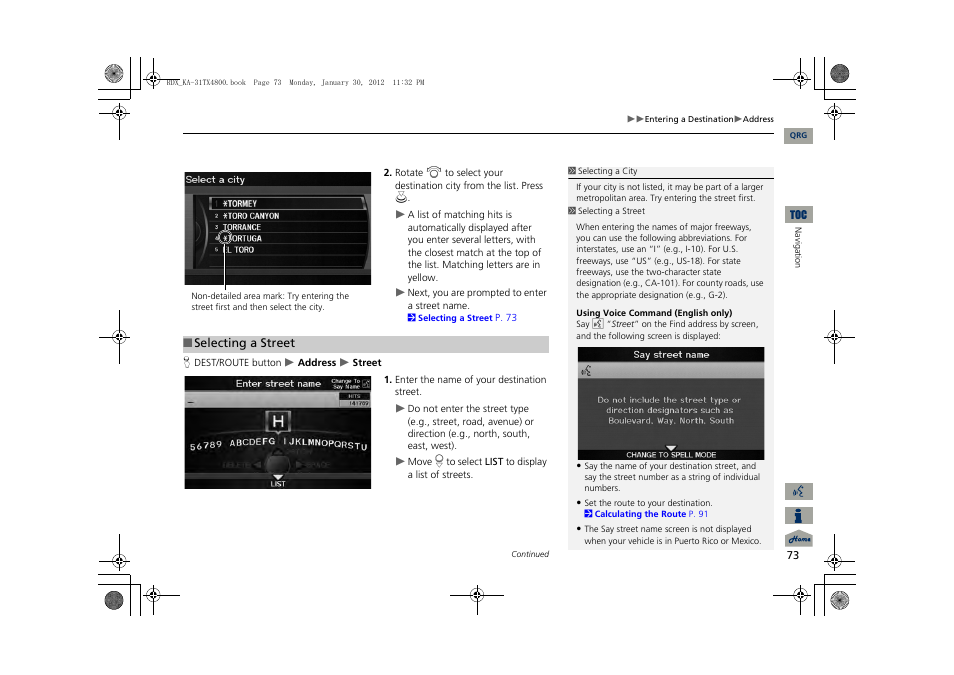 2 selecting a street, P. 73 | Acura 2013 RDX Navigation User Manual | Page 74 / 260