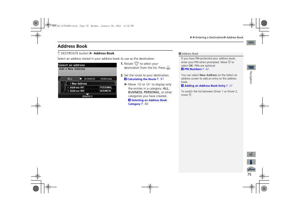 2 address book, P. 75, Address book | Acura 2013 RDX Navigation User Manual | Page 76 / 260