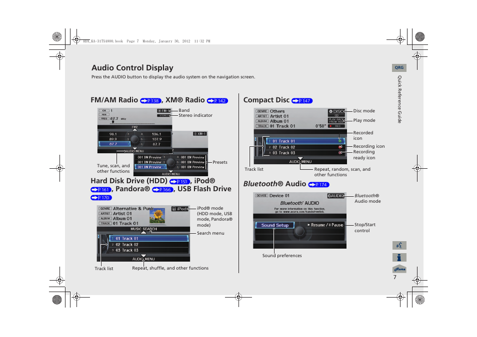 Audio control display, Fm/am ra dio, Xm® radio | Hard disk drive (hdd), Ipod, Pandora, Usb flash drive, Compact disc, Bluetooth ® audio | Acura 2013 RDX Navigation User Manual | Page 8 / 260
