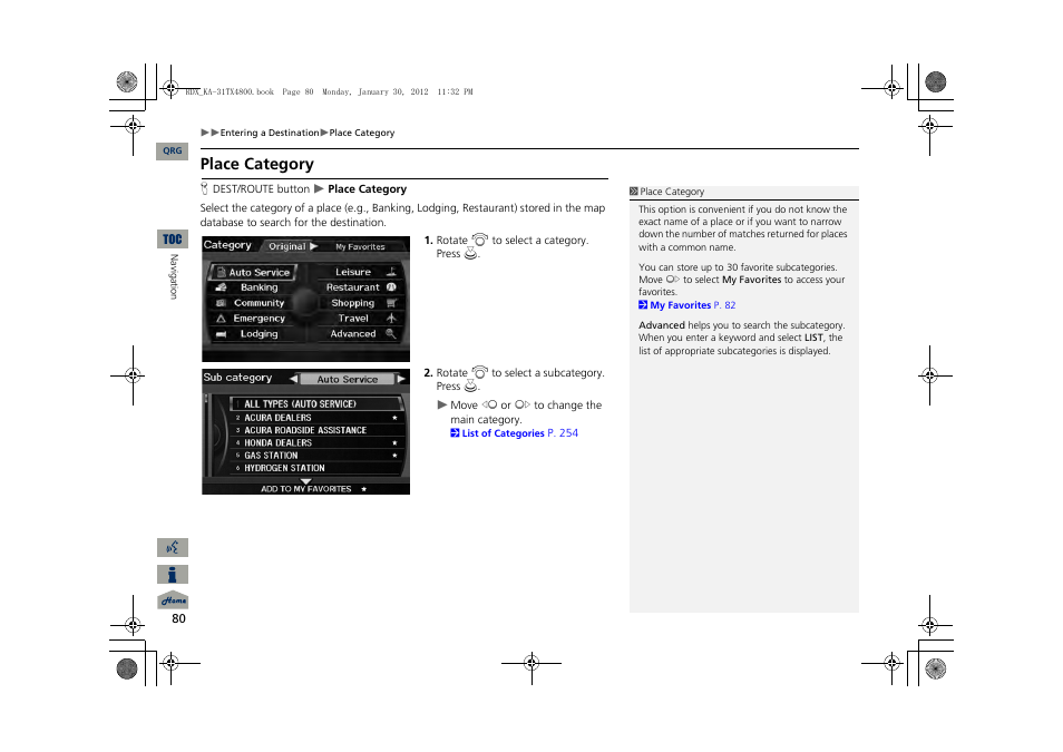 2 place category, P. 80, Place category | Acura 2013 RDX Navigation User Manual | Page 81 / 260