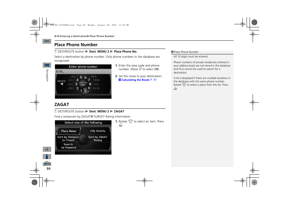 2 place phone number, P. 84, 2 zagat | 2 zagat p. 84, Place phone number, Zagat | Acura 2013 RDX Navigation User Manual | Page 85 / 260
