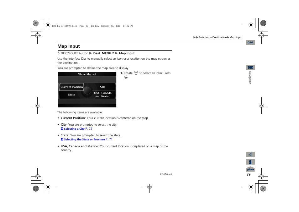 2 map input, P. 89, Map input | Acura 2013 RDX Navigation User Manual | Page 90 / 260