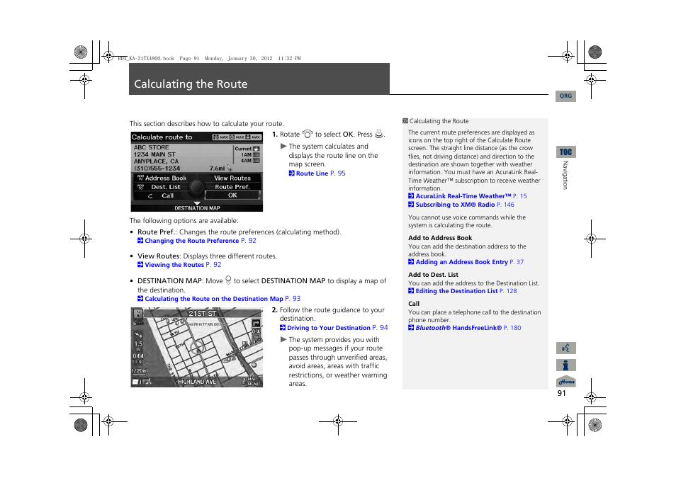Calculating, Route, 2 calculating the route | P. 91, 2 calculating the route p. 91, Calculating the route | Acura 2013 RDX Navigation User Manual | Page 92 / 260