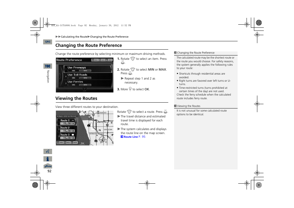 P92), 2 changing the route preference, P. 92 | 2 viewing the routes, Changing the route preference, Viewing the routes | Acura 2013 RDX Navigation User Manual | Page 93 / 260