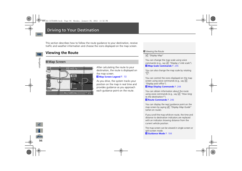 P94), Driving to your destination, 2 driving to your destination | P. 94, Viewing the route | Acura 2013 RDX Navigation User Manual | Page 95 / 260