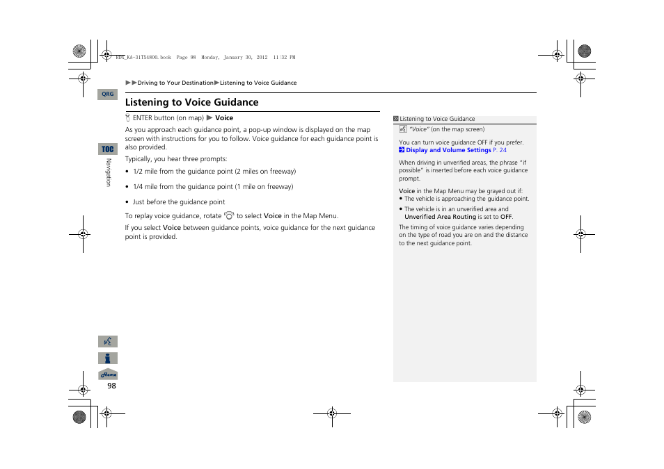 Listening to voice guidance | Acura 2013 RDX Navigation User Manual | Page 99 / 260