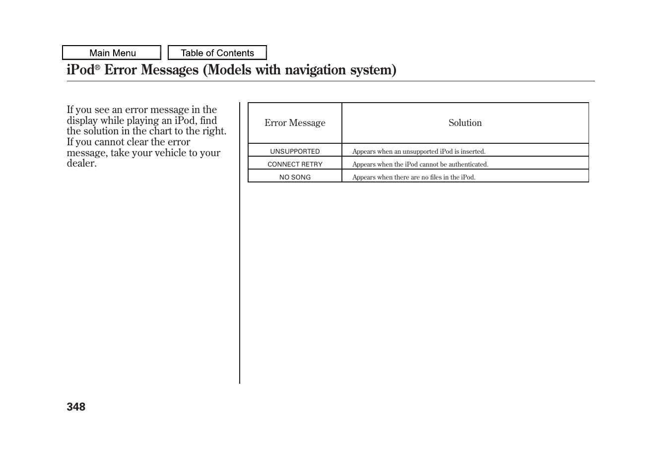 Ipod, Error messages (models with navigation system), 2010 zdx | Acura 2010 ZDX User Manual | Page 352 / 643