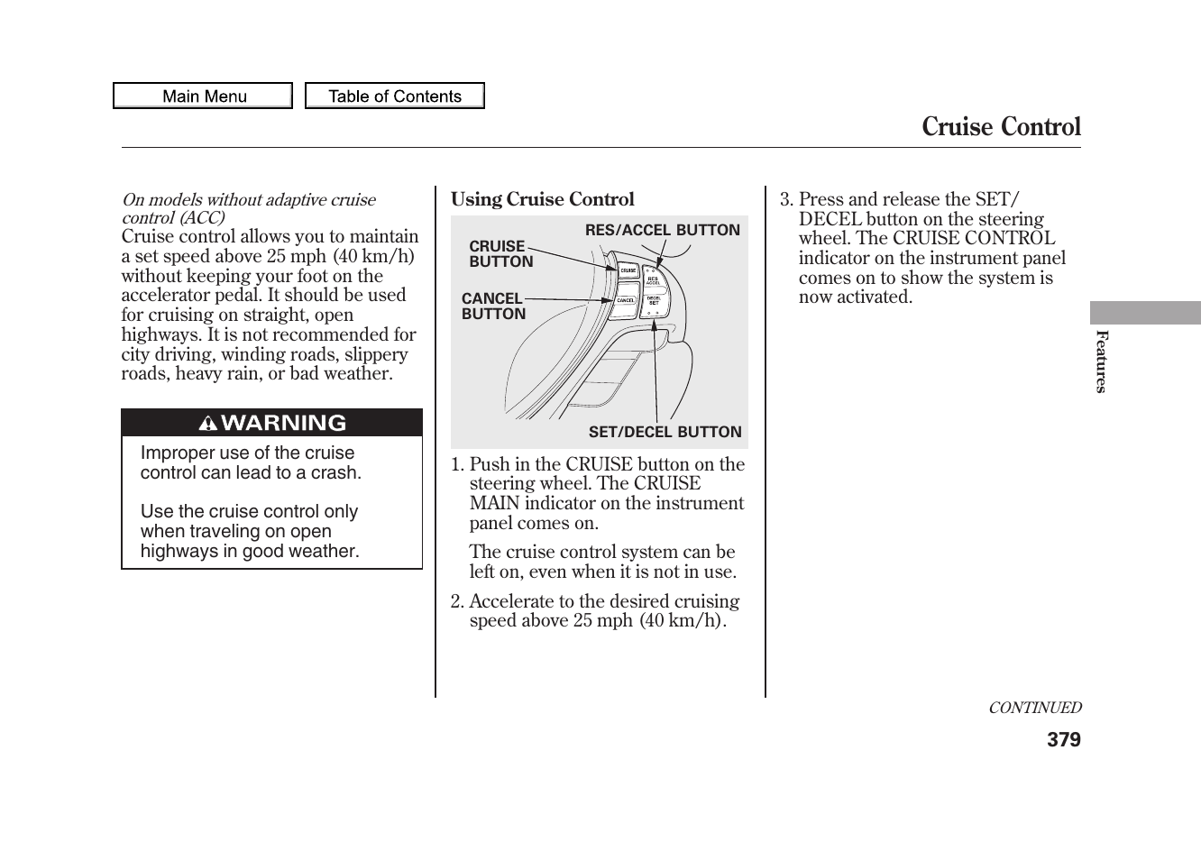 Cruise control, 2010 zdx | Acura 2010 ZDX User Manual | Page 383 / 643