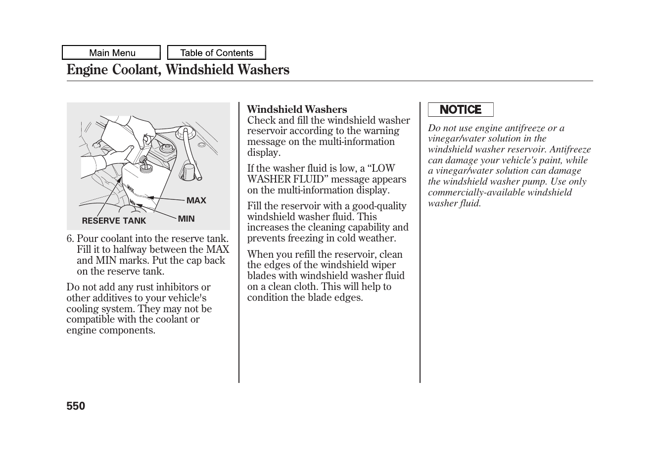 Washer fluid, Engine coolant, windshield washers, 2010 zdx | Acura 2010 ZDX User Manual | Page 554 / 643